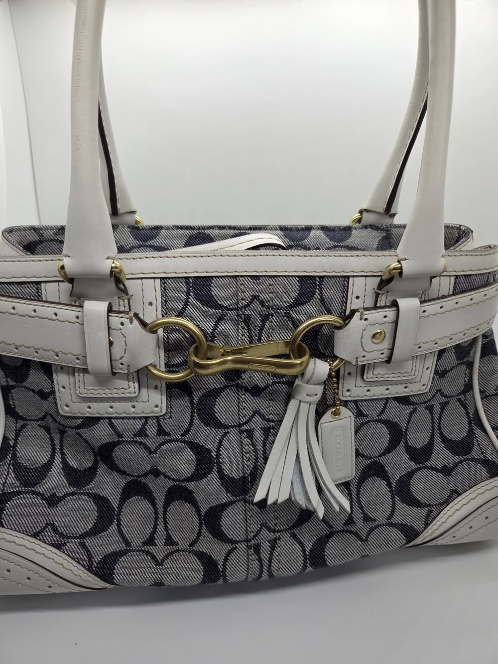 Coach Blue-Gray Signature Canvas Shoulder Bag with White Trim, Y2K, Denim